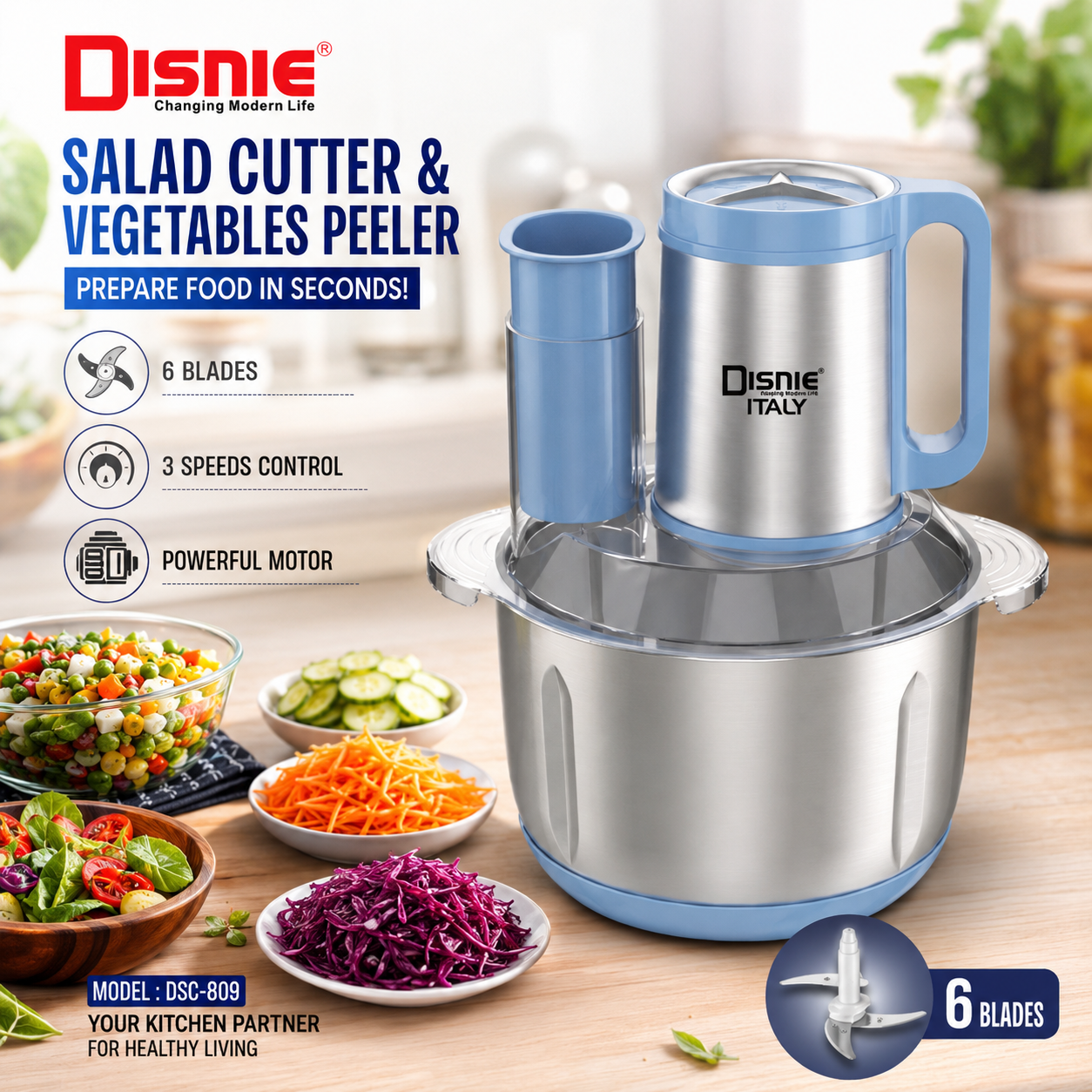 5.5L Disnie 8 in1 DSC-809 Salad Cutter and Food Chopper With Fruits Pleeler